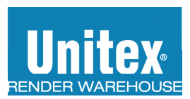 the unitex render warehouse logo is blue and white