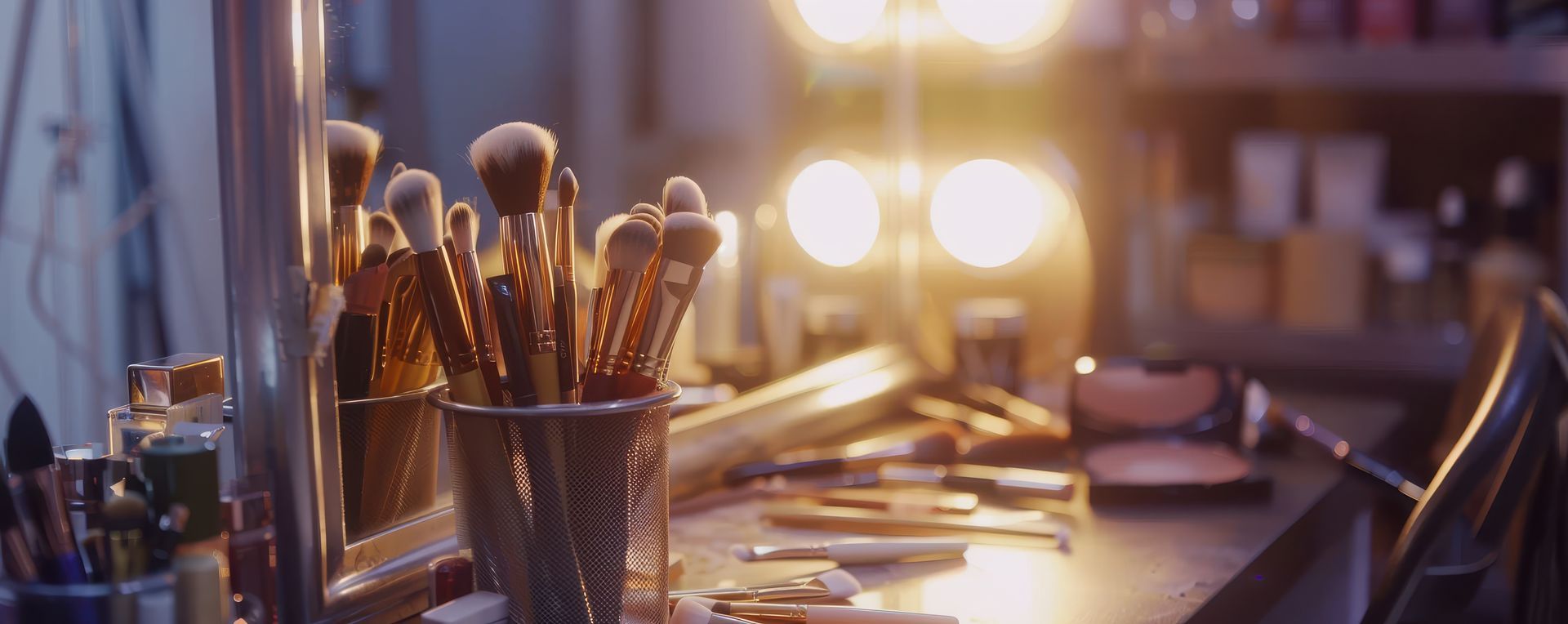 Ein Stapel Make-up-Pinsel liegt auf einem Tisch vor einem Spiegel.