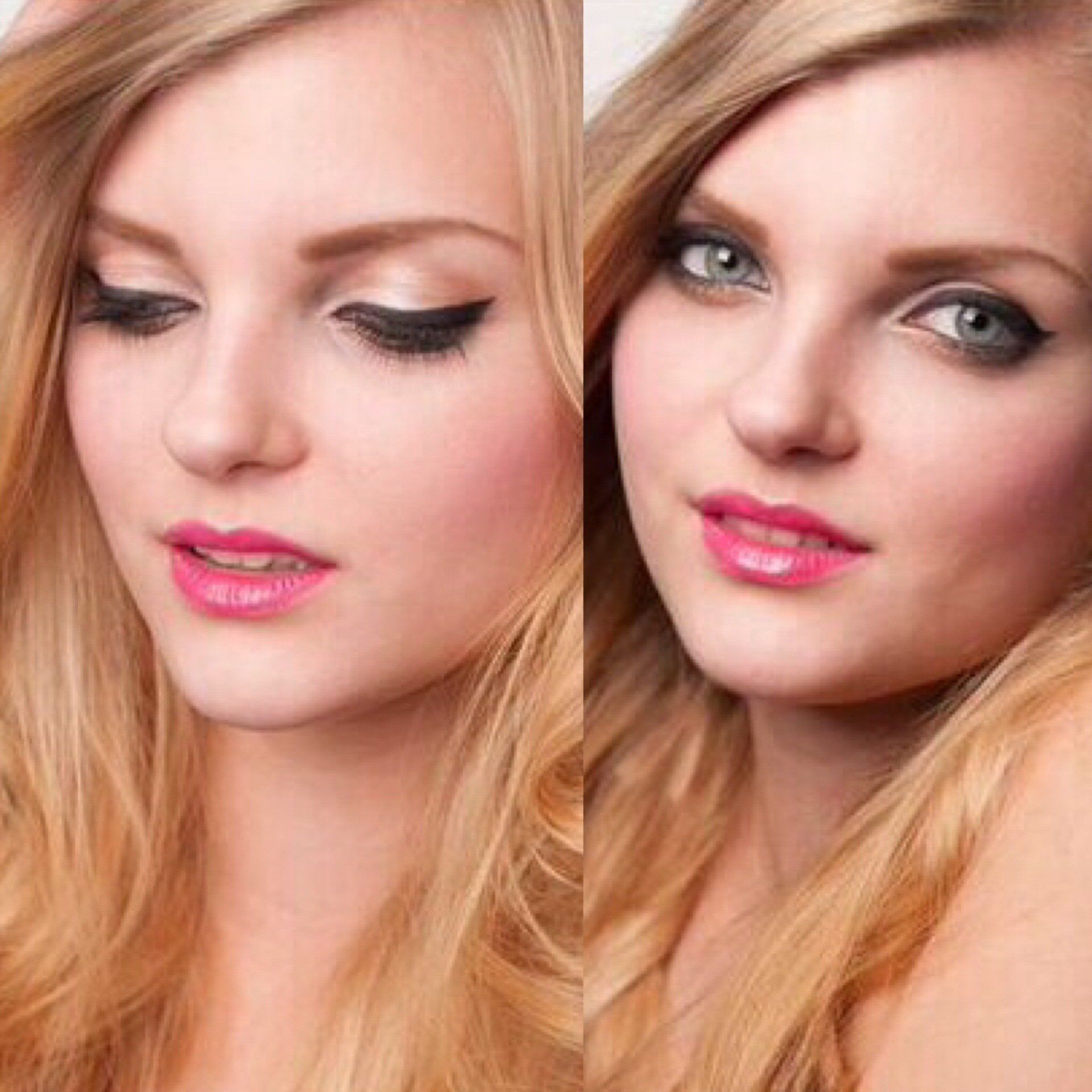 Eine Frau mit langen blonden Haaren trägt rosa Lippenstift