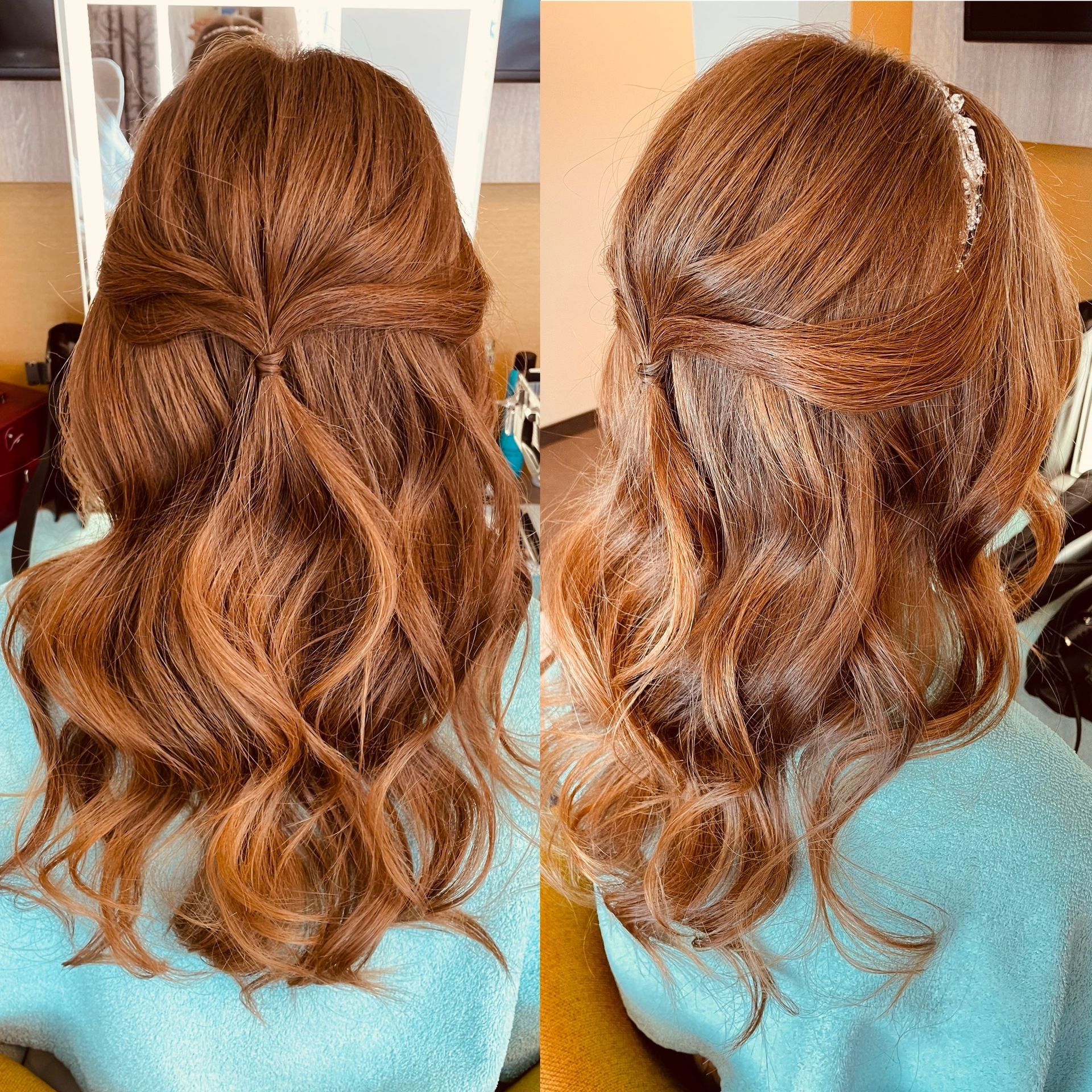 Eine Frau mit langem braunem Haar trägt eine halb hochgesteckte, halb offene Frisur.