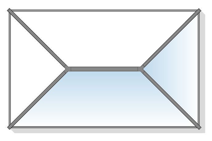 Skylight with gray metal frame, featuring a rectangular shape and angled triangular glass panels, light blue gradient.