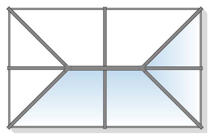 Gray frame with triangles and rectangles; blue gradient fill on some sections.