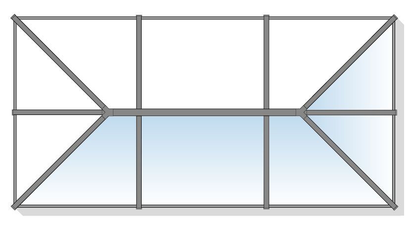 Overhead view of a rectangular skylight with six panes and triangular supports.