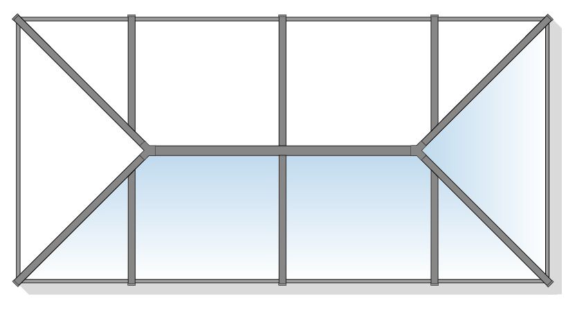 A rectangular window with gray frames and clear glass panels; a section of the window has angled sides.
