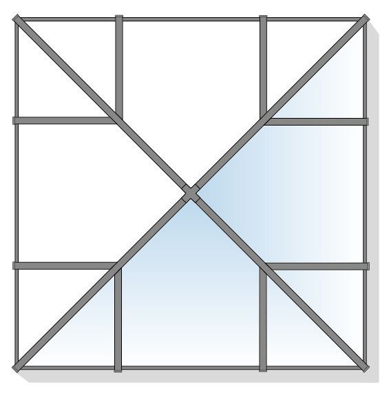 Grey frame with glass panels and two diagonal cross braces; one panel is shaded blue.