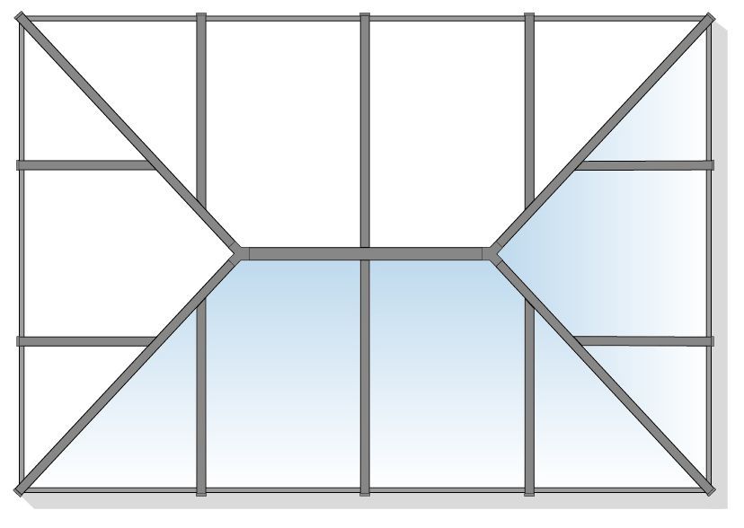 Gray-framed glass window with a unique shape, featuring angled and rectangular panes, with a light blue tint in some areas.
