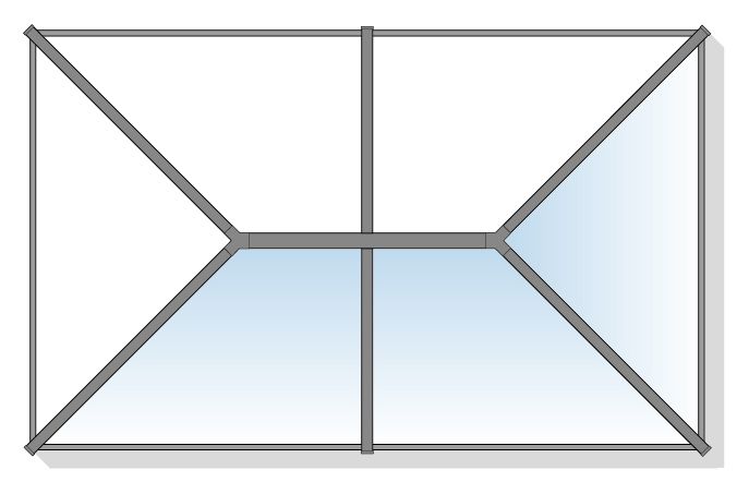 A rectangular window with a central horizontal bar and angled, triangular glass panes.