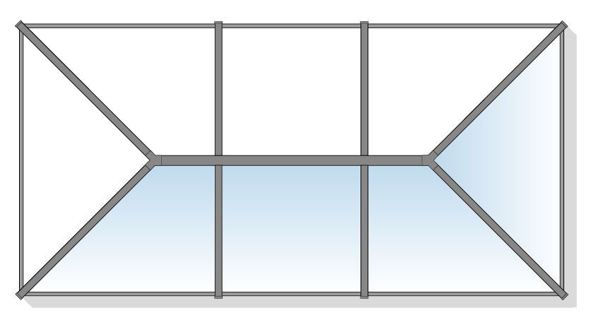Overhead view of a glass-roofed structure with gray support beams. The roof is filled with a blue gradient.