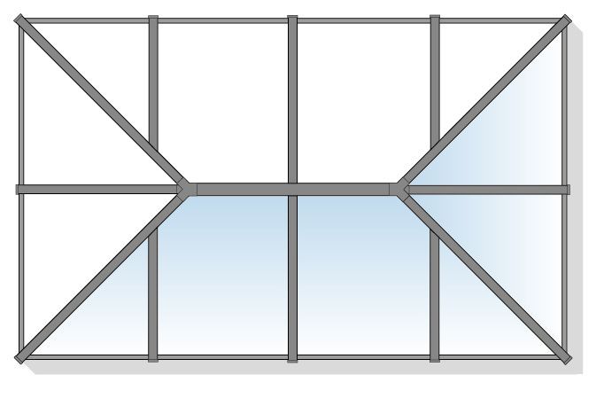 Overhead view of a rectangular glass structure with a gray metal frame and angled supports.