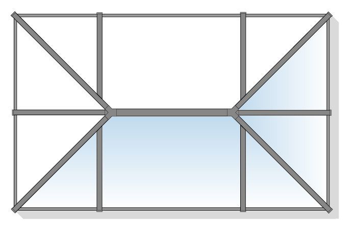 Gray metal frame with clear glass, creating three horizontal and six triangular panes.