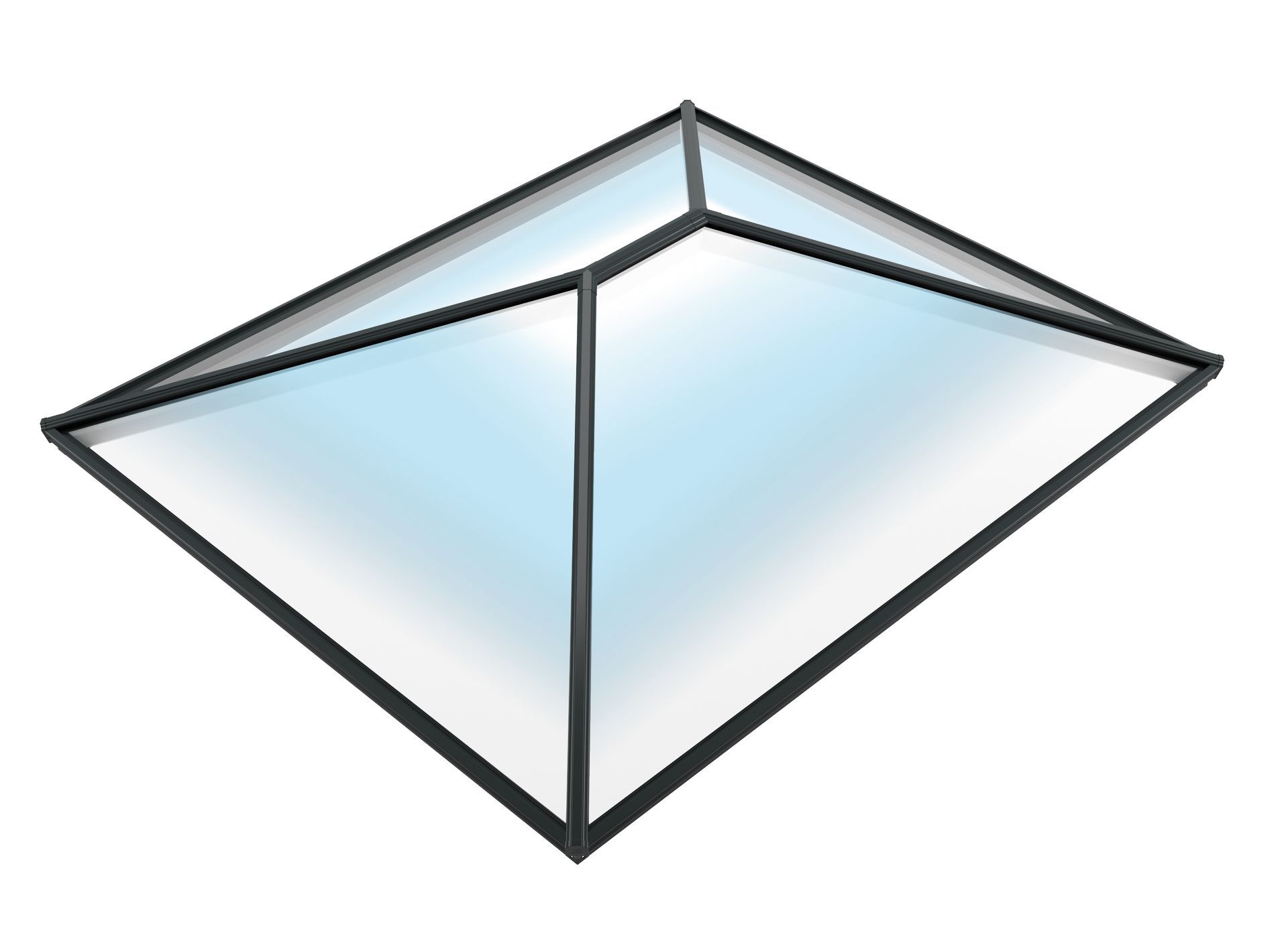 Black-framed skylight with a diamond shape, transparent glass.