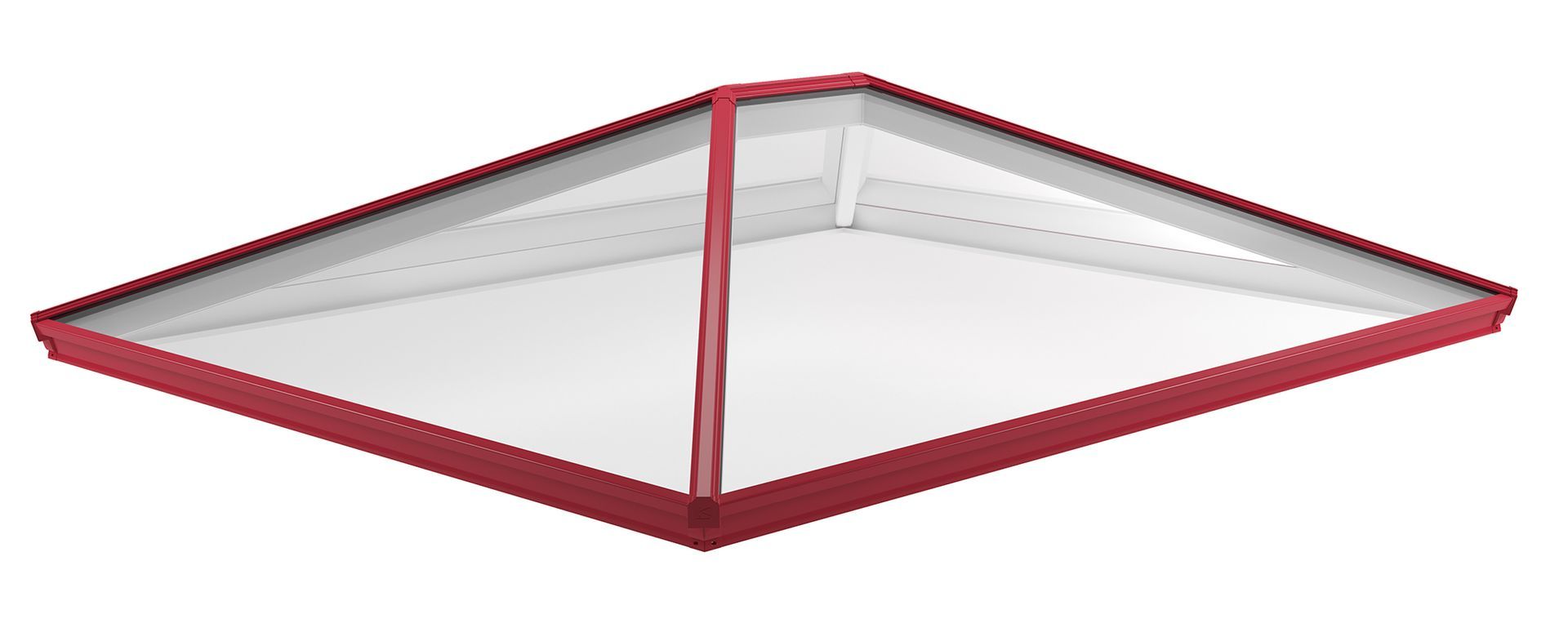 A red-rimmed, open box, angled, white interior, with a red divider down the middle.