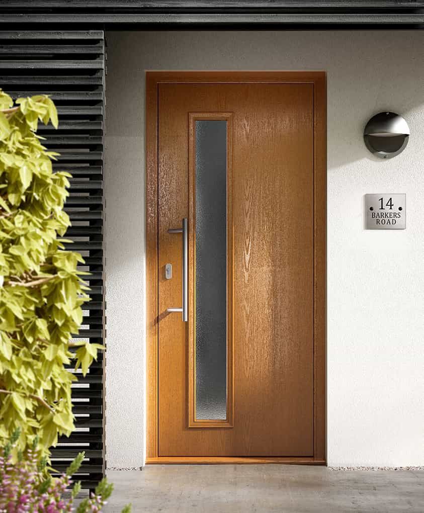 Wooden front door with vertical glass panel and address plaque.