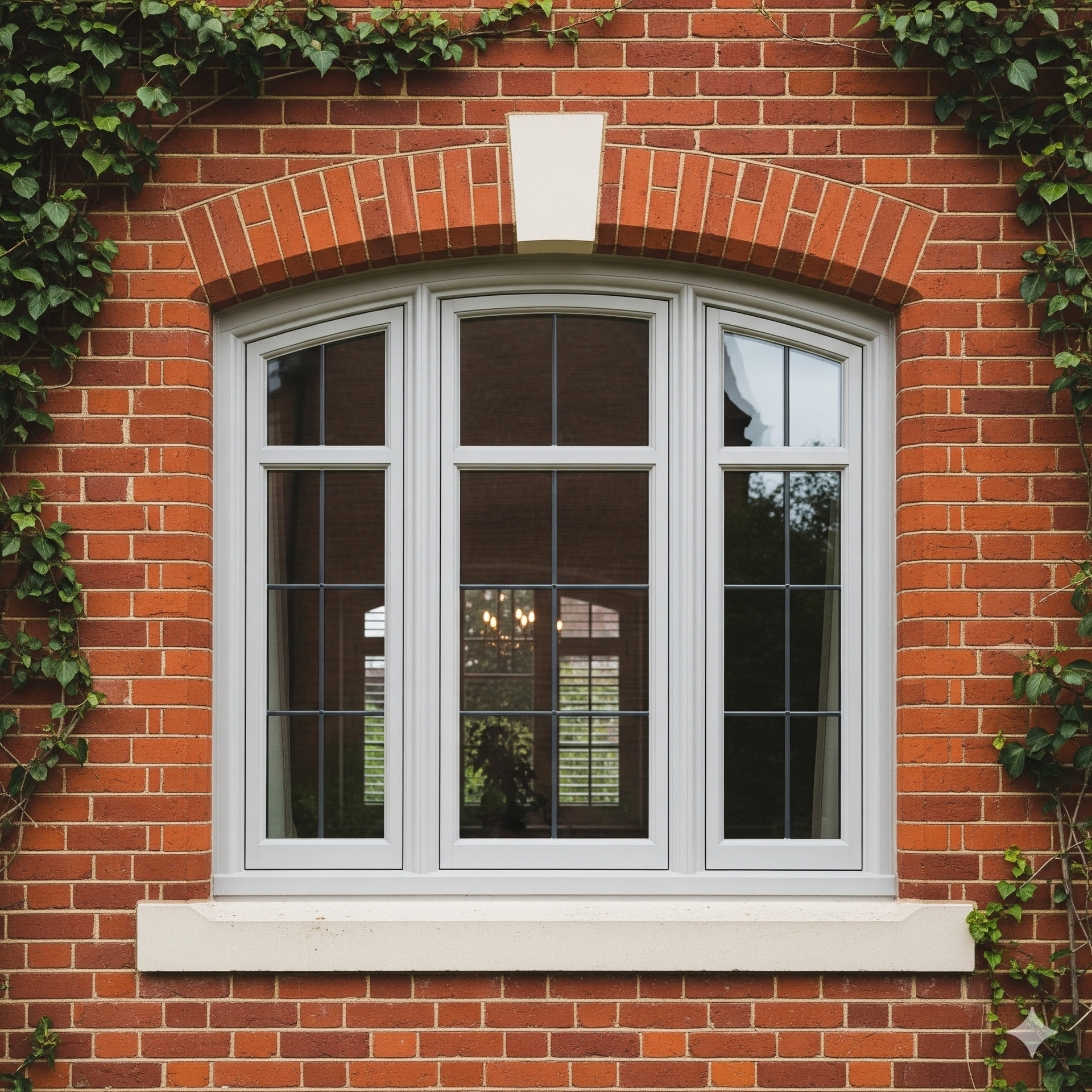 A grey-framed window set in a red brick wall, topped with an arched brickwork design.