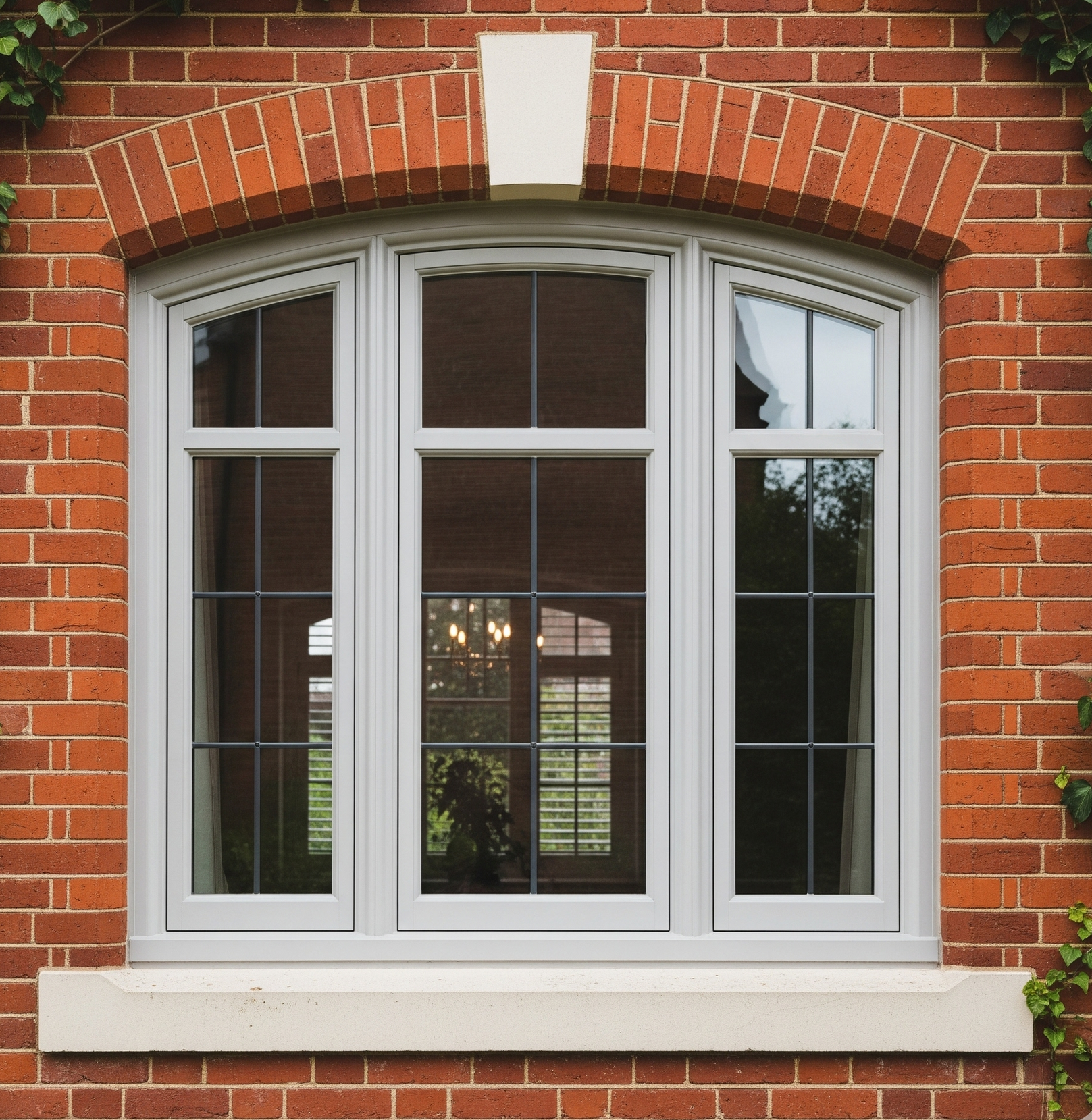 Three-pane bay window with brick arch, white frame, and black grids, set in a red brick wall.