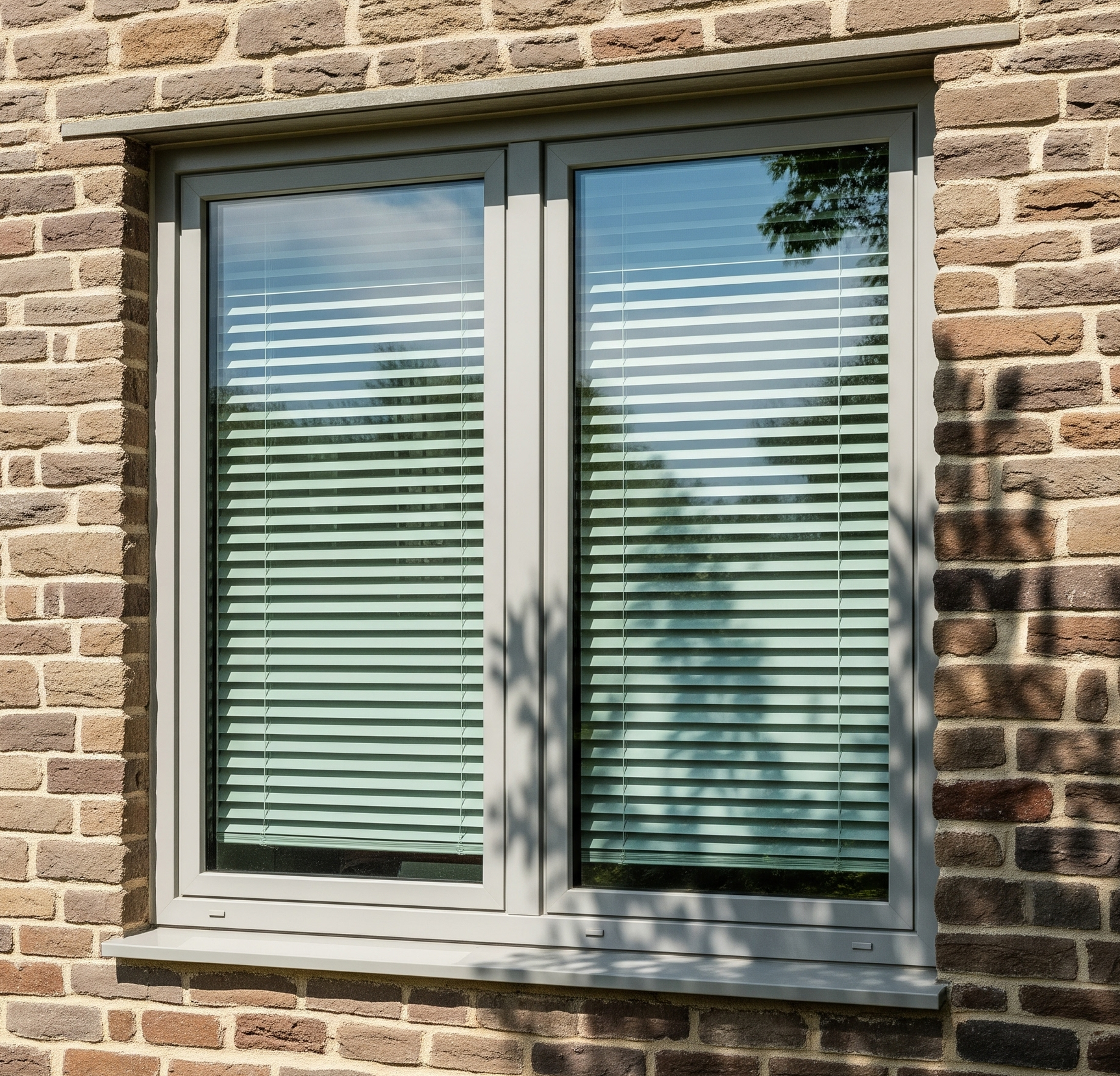 Gray framed window with horizontal blinds on a brick wall.