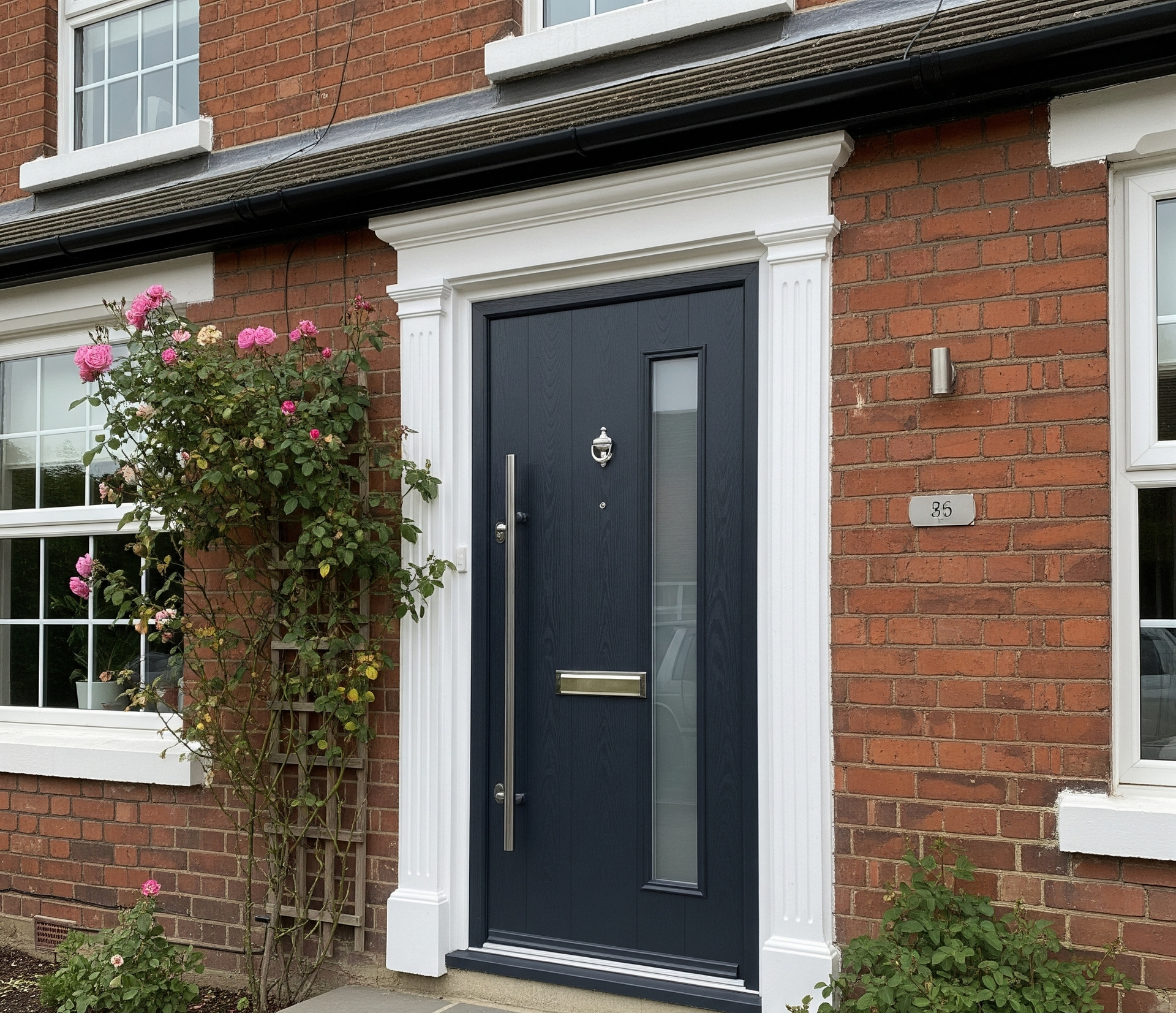Dark gray front door with sidelight, white trim, brick facade, and climbing roses.