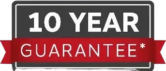 10-year guarantee logo in white text on a black box with a red ribbon that ends with a star.