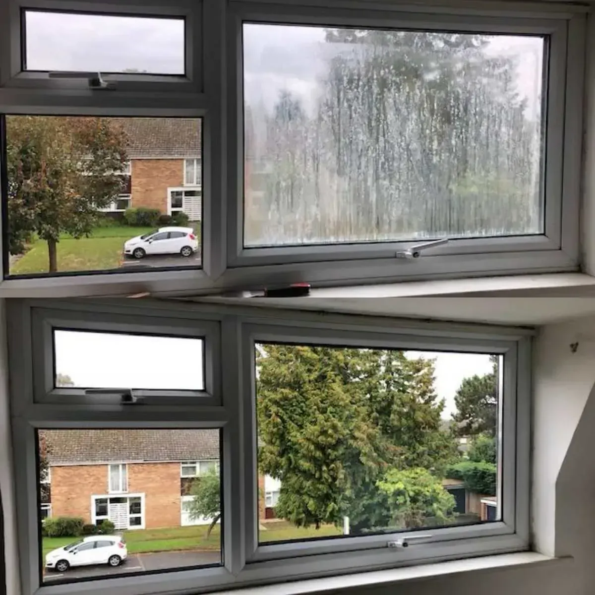 Two windows showing condensation before and after cleaning.