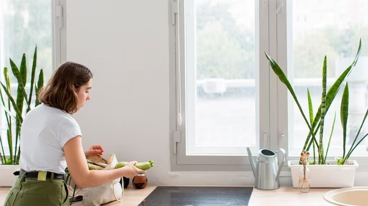 Woman unpacking groceries in a bright kitchen with plants by a window.