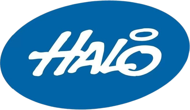 White "HALO" text inside a blue oval.