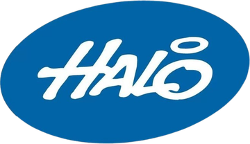 "HALO" white text within blue oval.