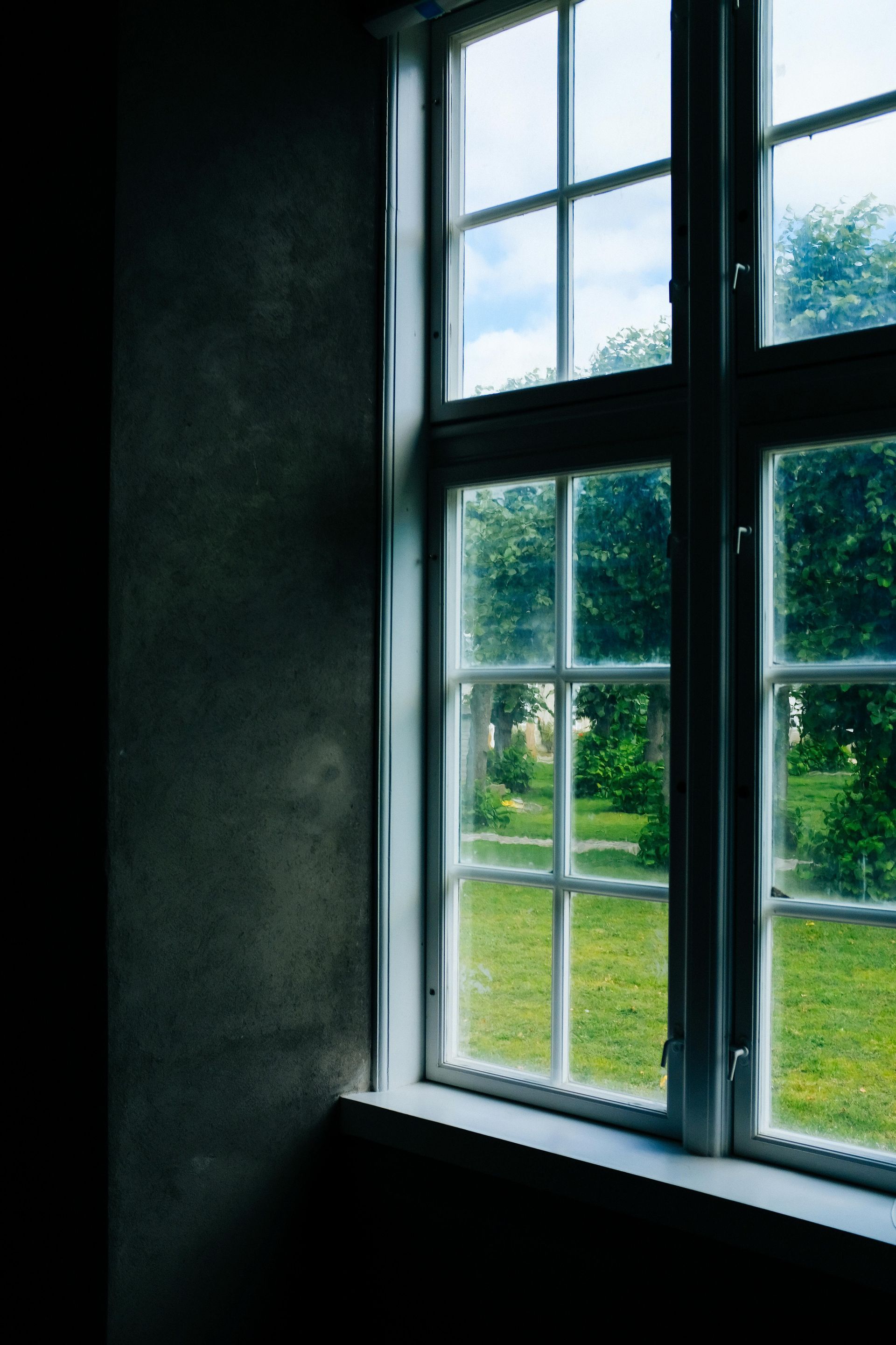 Window with white frame looking out onto a green yard with trees; dark grey wall on the left.