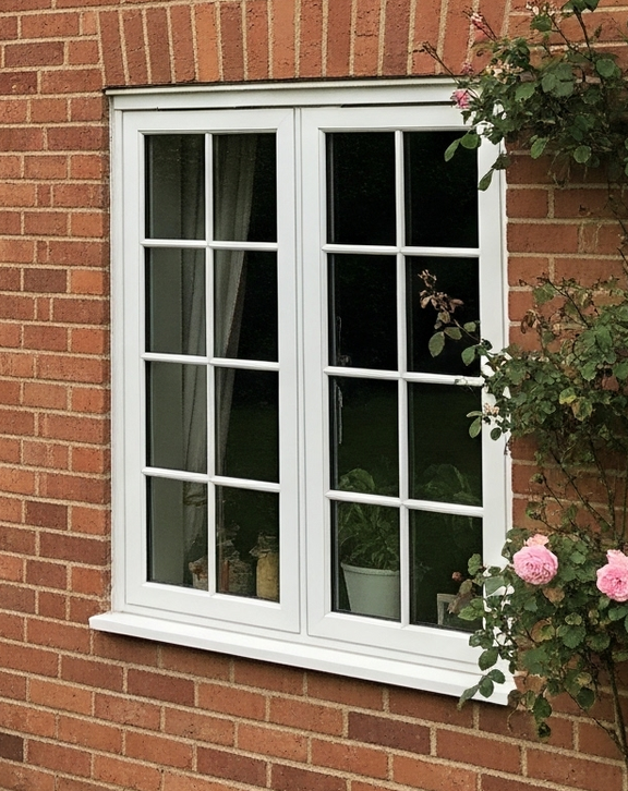 White-framed window with grid panes set in a brick wall, with a rose bush blooming nearby.