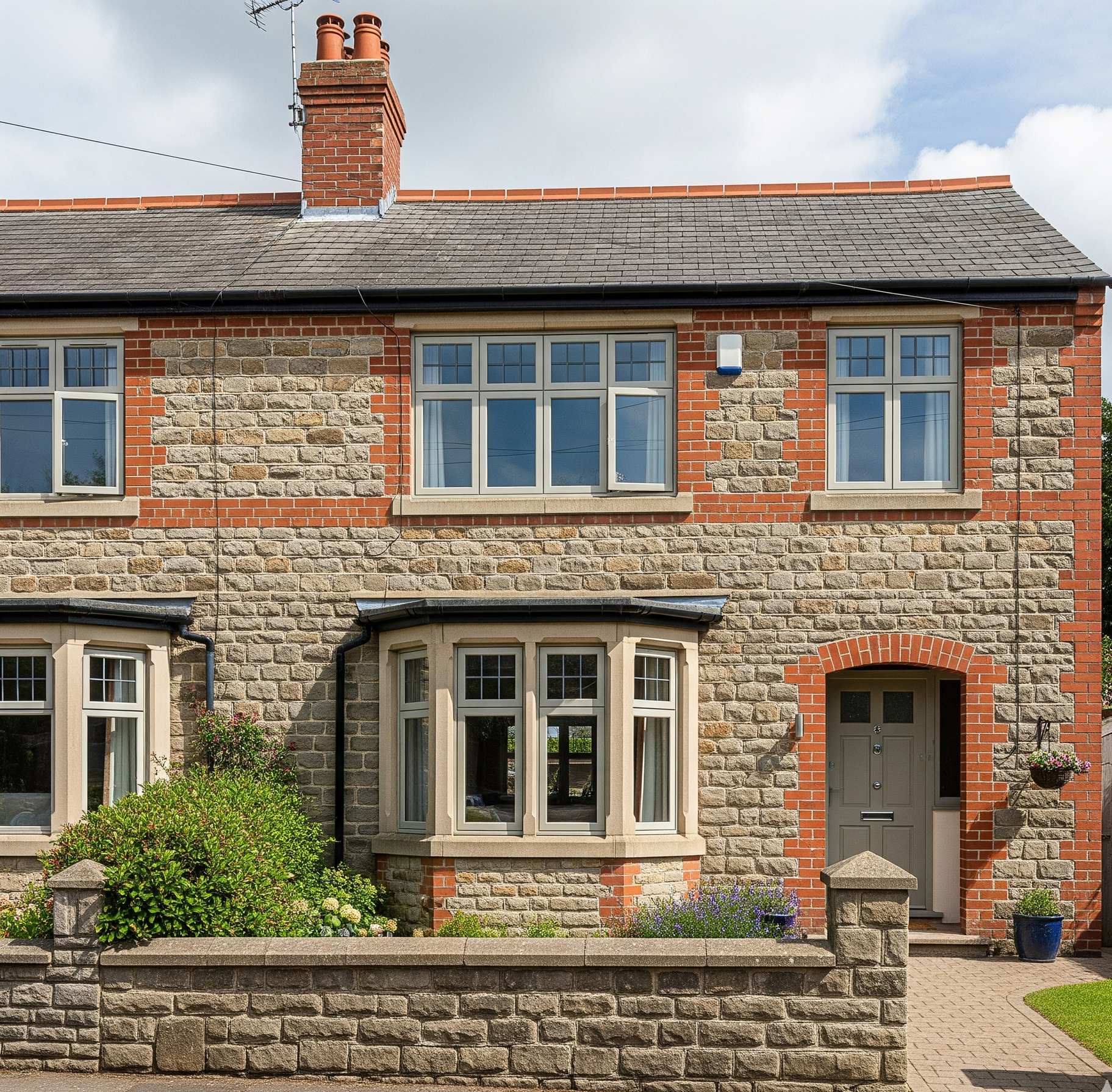 Stone and red brick cottage with gray windows and door, and a stone wall.