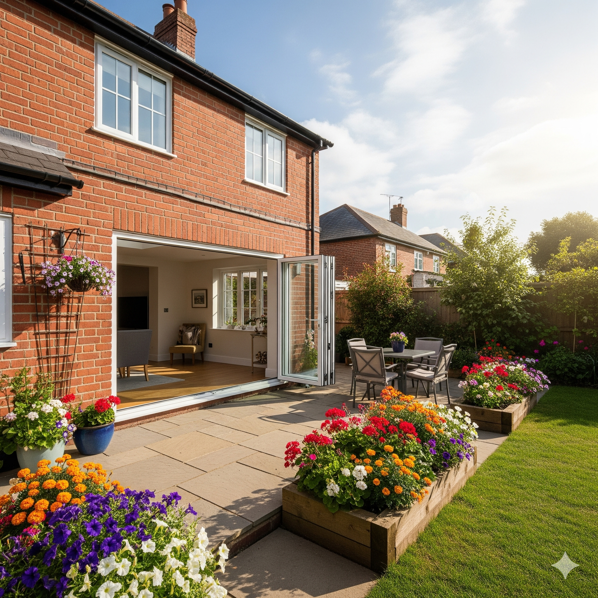 Backyard patio with colorful flower beds, table & chairs, and an open door to a brick house on a sunny day.