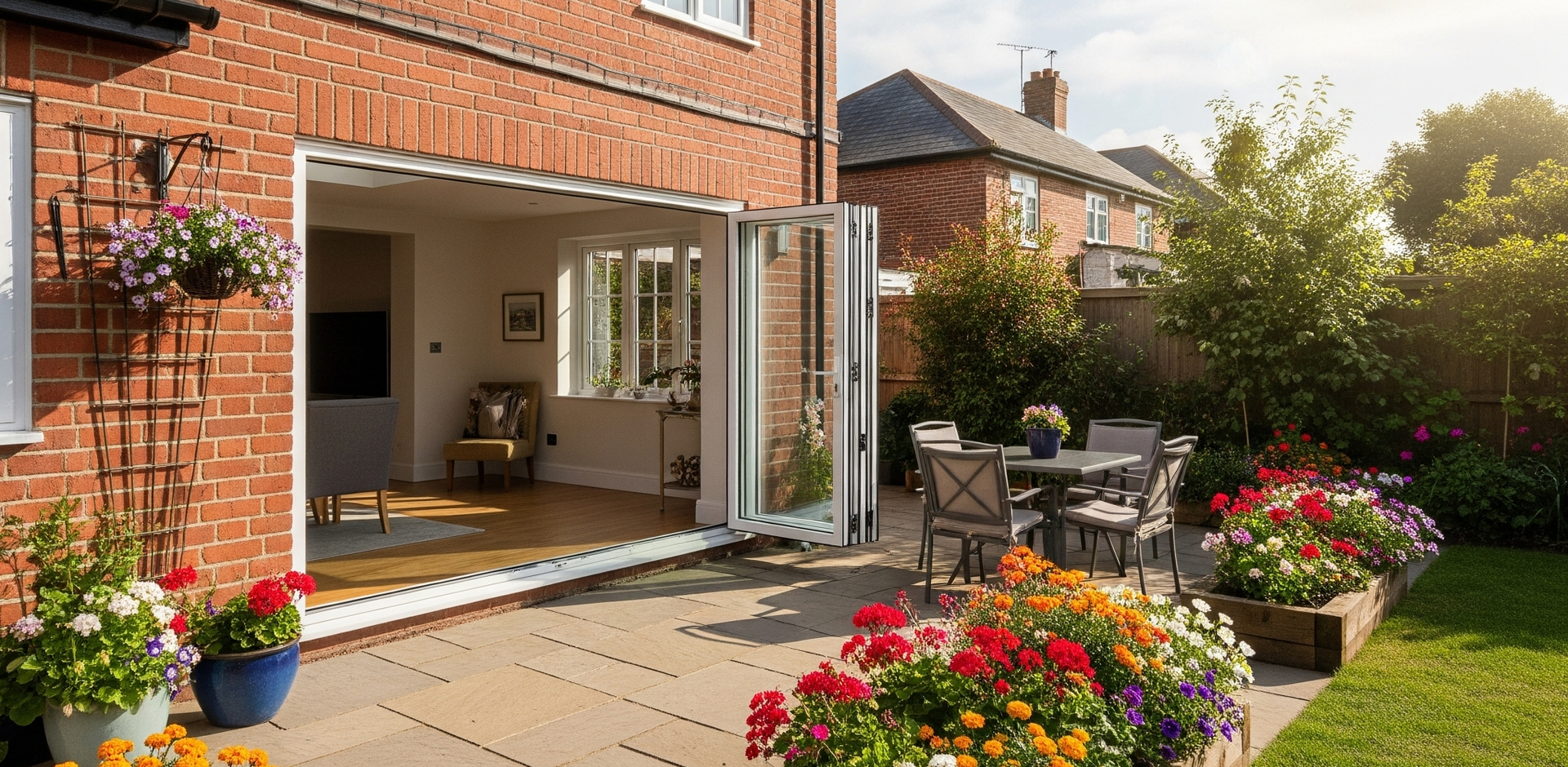 Brick house with open folding doors leading to a patio with a table, chairs, and colorful flower beds.