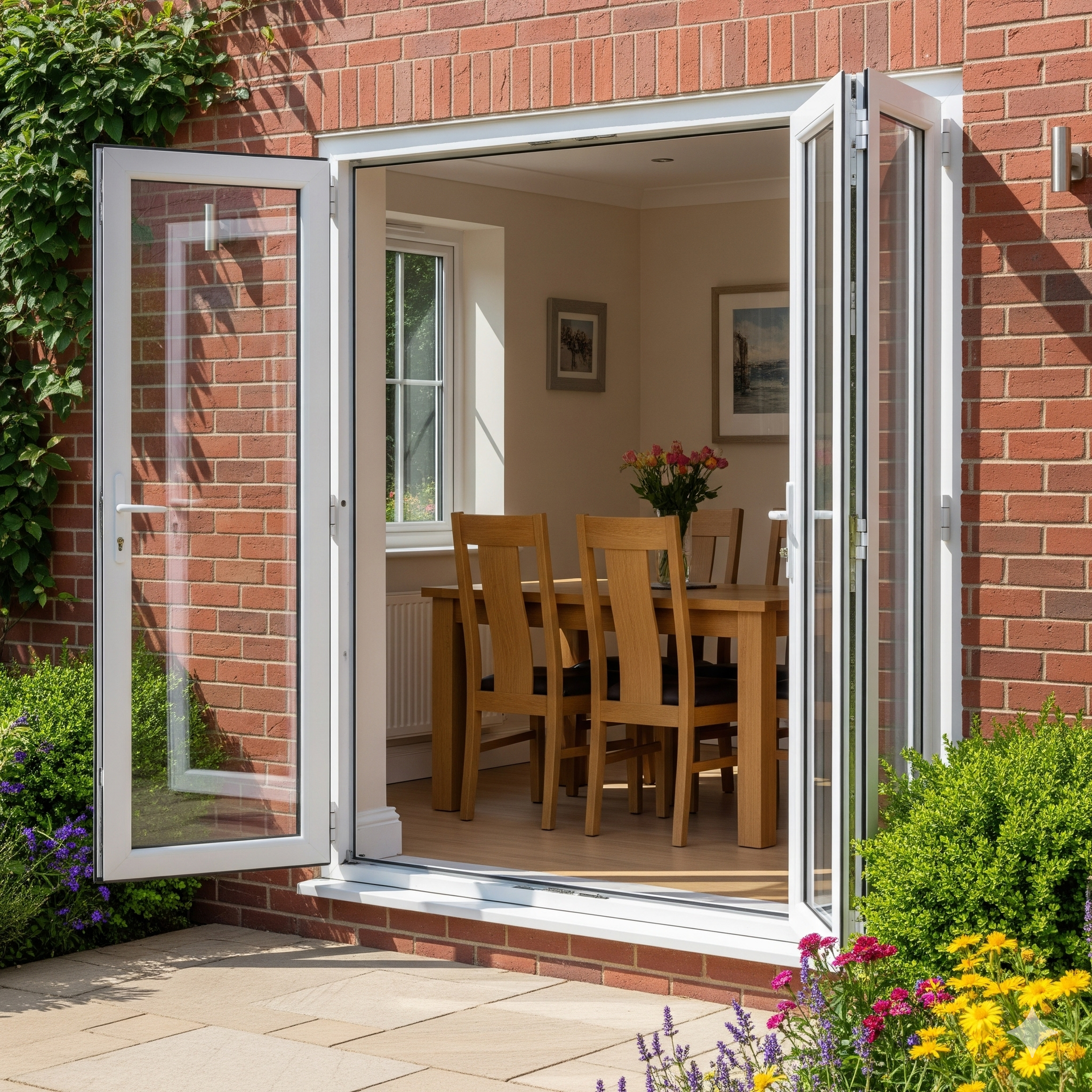 Bifold doors open to a dining room with a table and chairs; red brick exterior, white trim.
