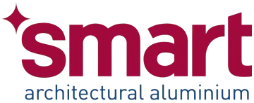 Logo for Smart Architectural Aluminium, in burgundy with a diamond and tagline.