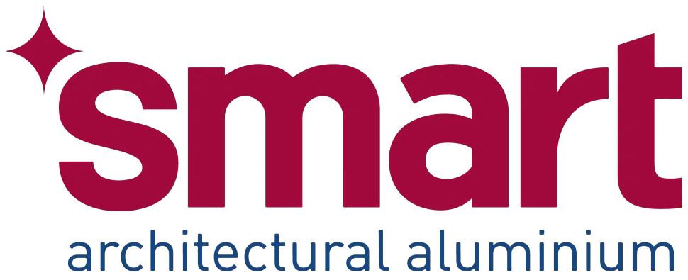 Logo for Smart Architectural Aluminium, in burgundy with a diamond and tagline.