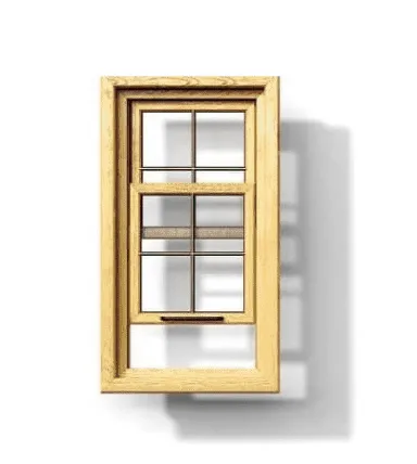 Wooden double-hung window with a light-colored frame and grids, casting a shadow on a white background.