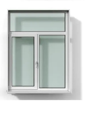 White framed window with two vertical panes and a top transom, casting a shadow on a white wall.