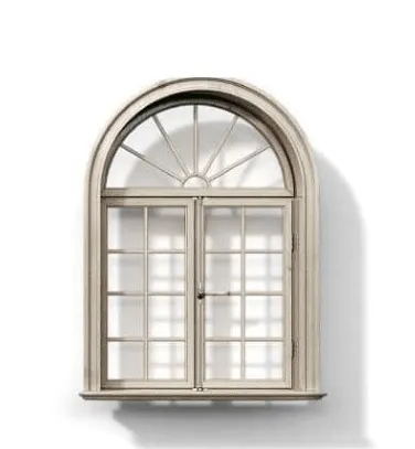 Arched window with divided panes, light-colored wood frame. Sunlight casts a shadow.