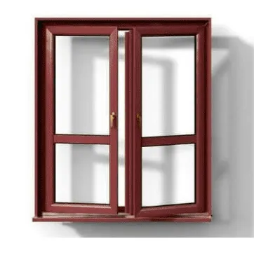 Red, double-hung window, one panel open, set in a white wall.