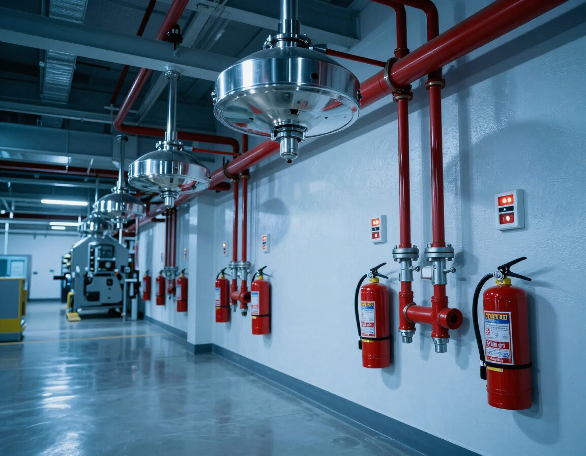 Pasillo industrial con extintores rojos, tuberías y equipos en el techo a lo largo de una pared blanca.