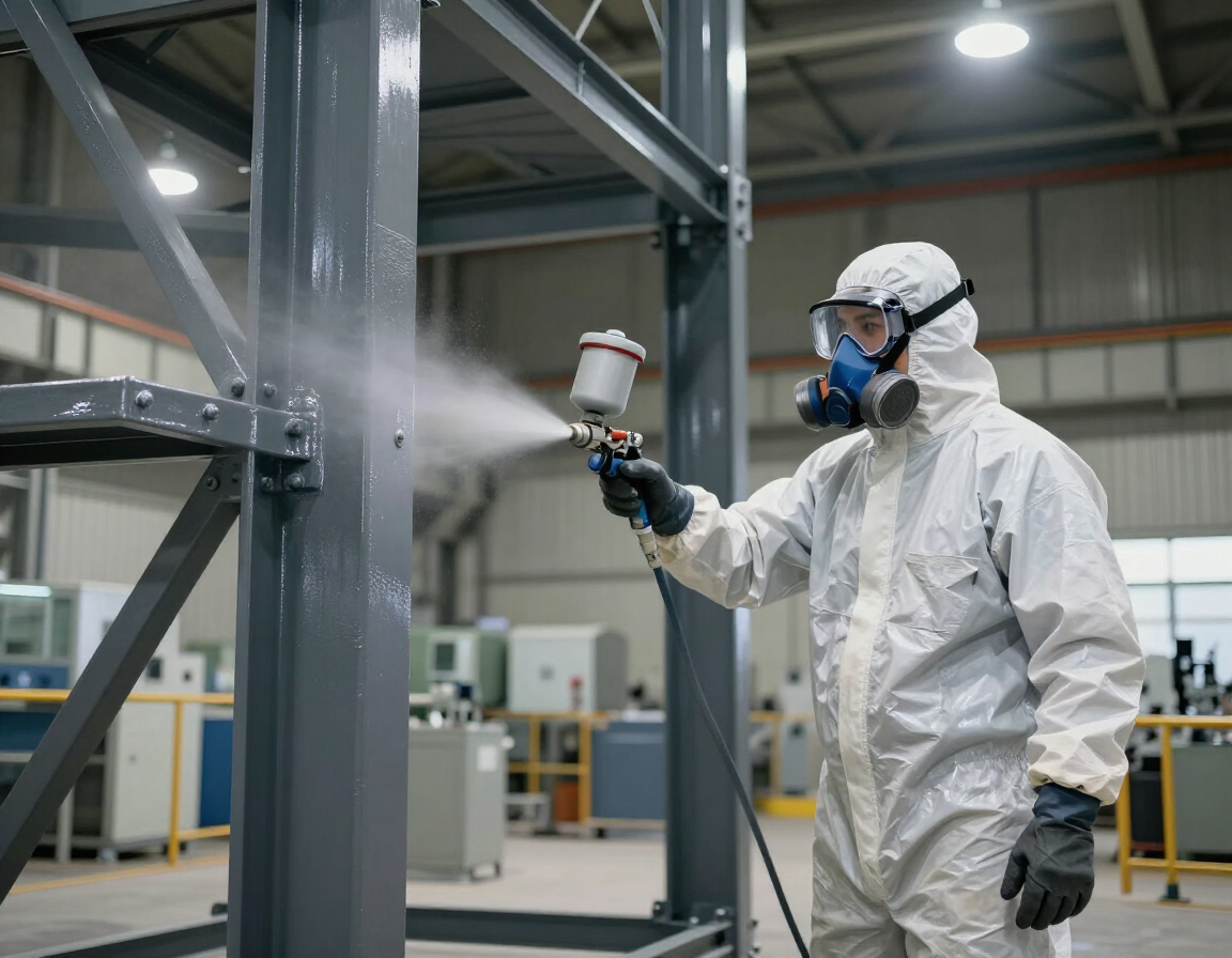 Un trabajador con traje protector blanco rocía con pintura una estructura metálica en un taller industrial.