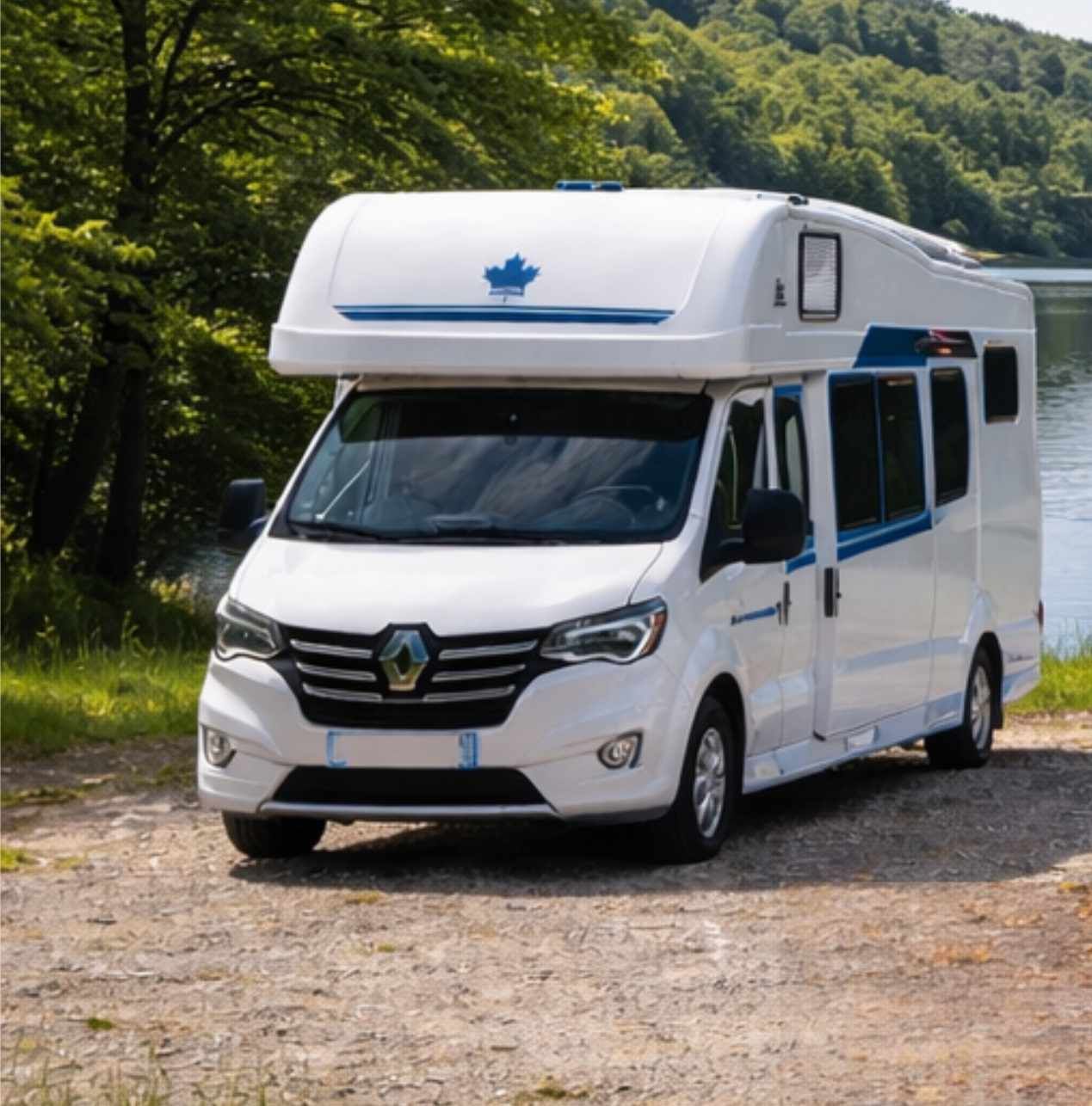 Das Bild zeigt ein weißes Wohnmobil der Marke Renault fährt auf einer kurvigen Landstraße entlang eines ruhigen Sees. Die Scheinwerfer sind eingeschaltet, und das Fahrzeug ist von bewaldeten Bergen umgeben. Die Abend- oder Morgendämmerung taucht die Szene in weiches Licht.