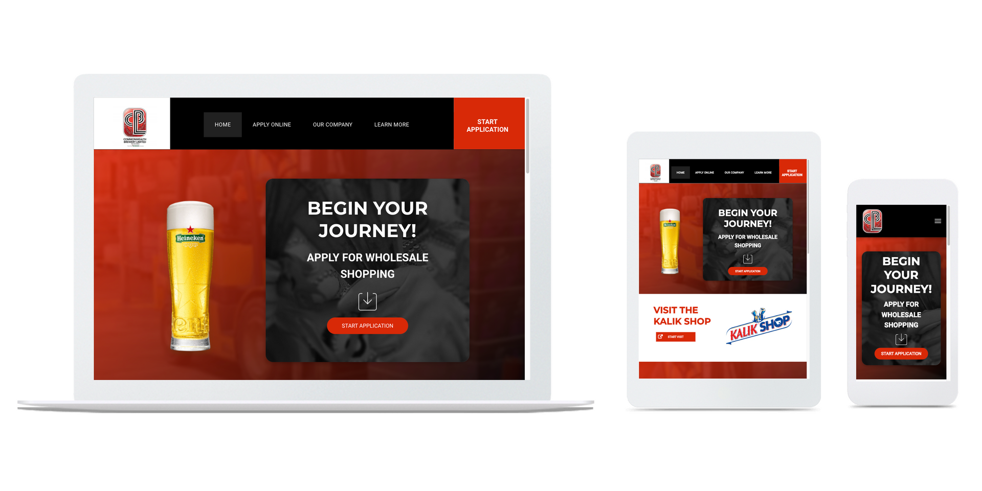 A laptop , tablet , and cell phone are displaying a website.