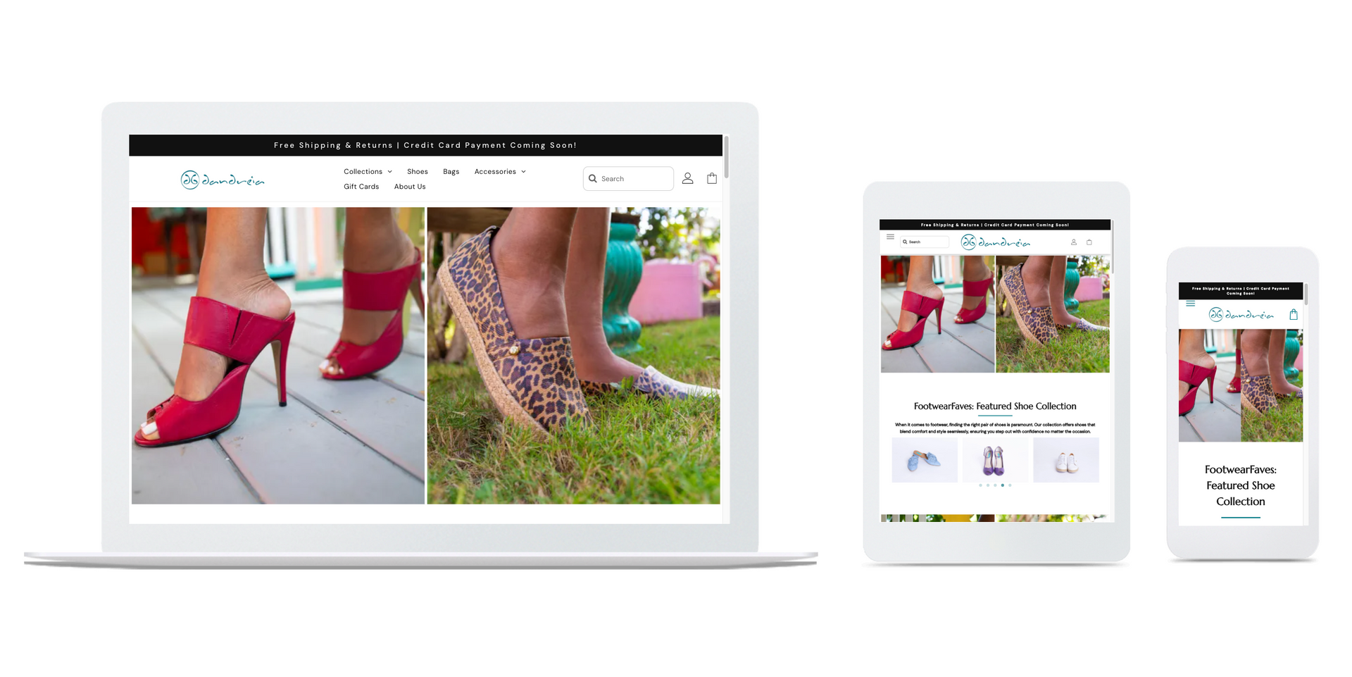 A laptop , tablet , and cell phone displaying a website for shoes.