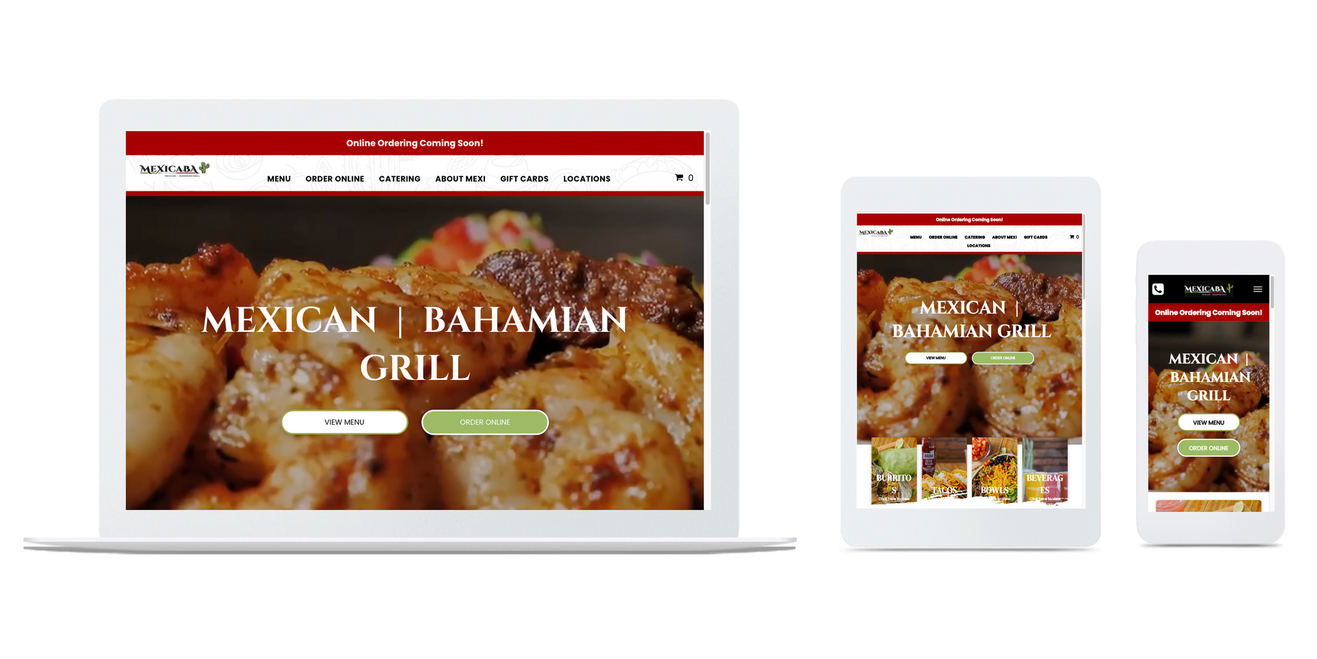 A laptop , tablet , and cell phone displaying a website for mexican bahamian grill.