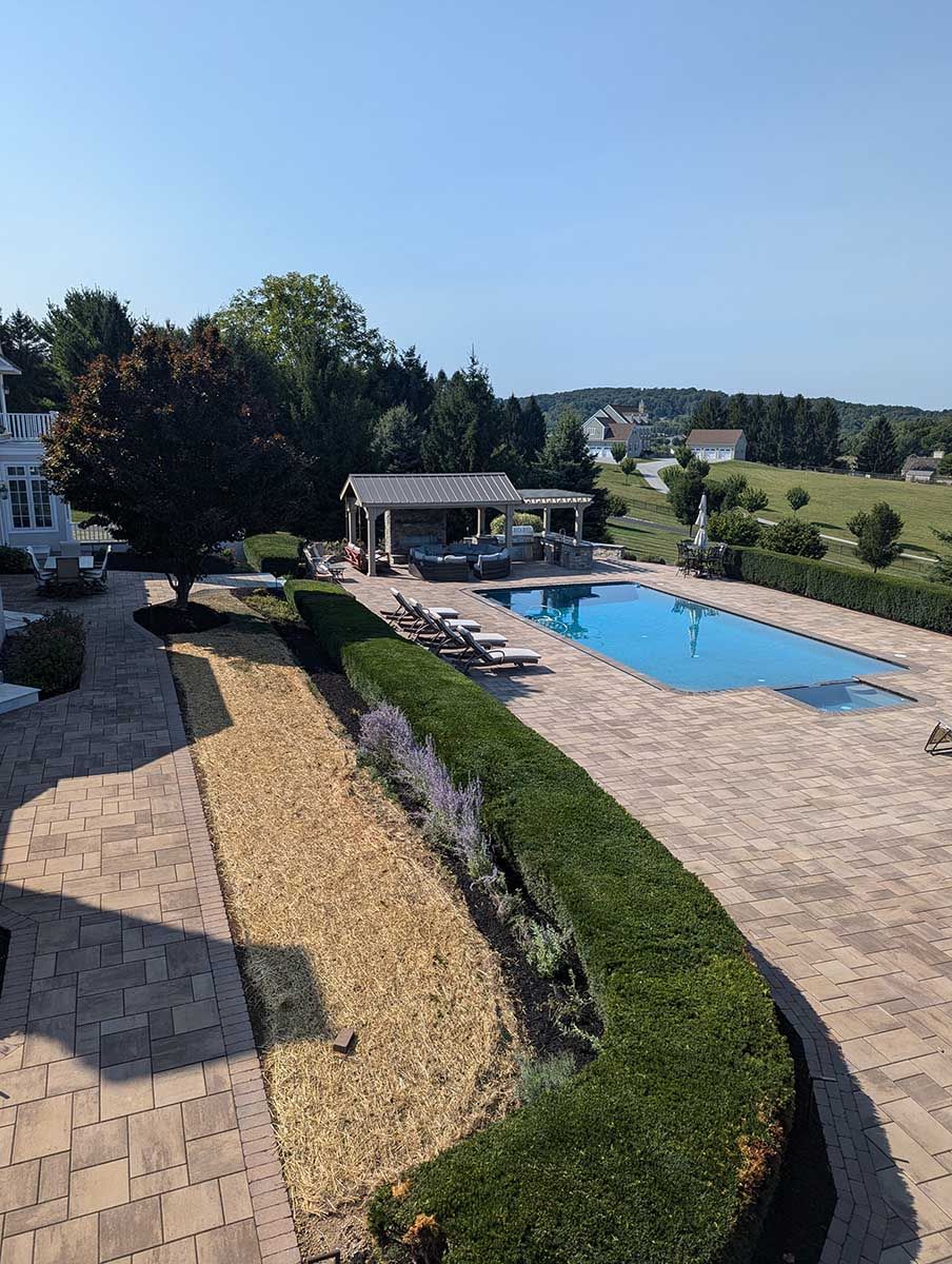 An aerial view of a large swimming pool