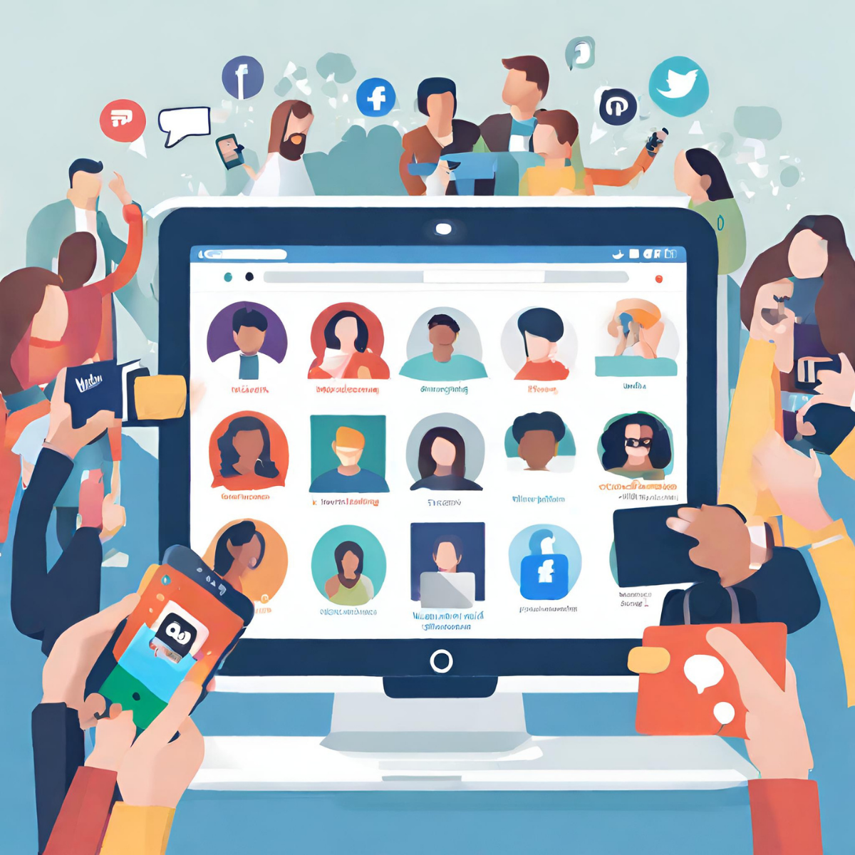 Illustrazione di utenti che interagiscono con un brand sui social media.