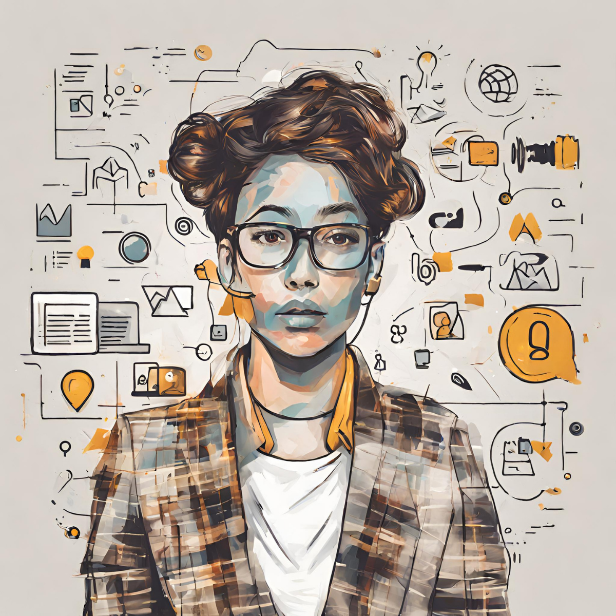 Donna con occhiali circondata da icone digitali, simbolo di autenticitร nel marketing.