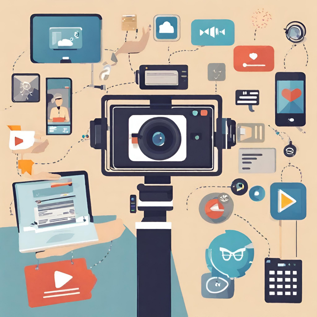 Fotocamera su treppiede con icone di social media e video marketing.