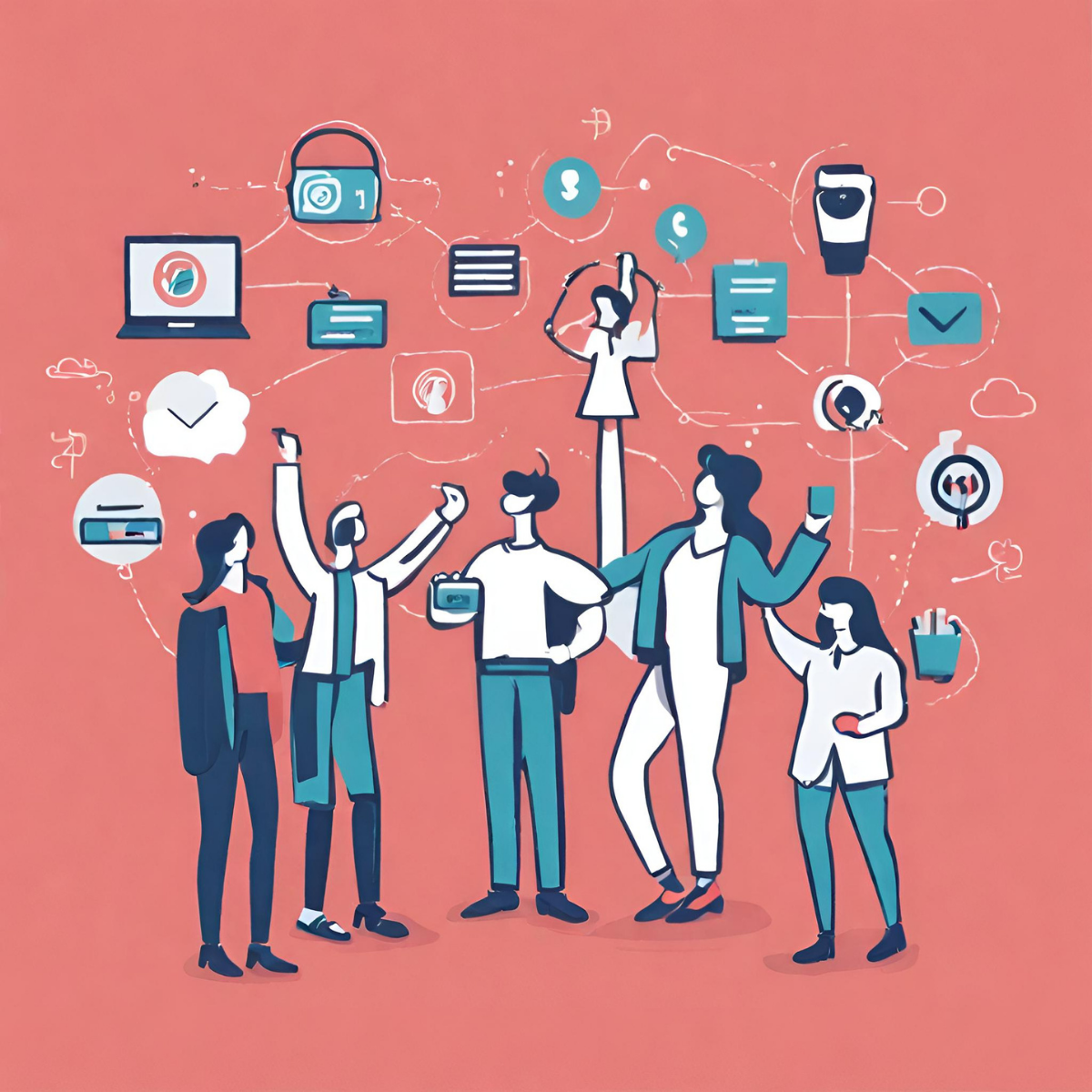 Illustrazione di influencer che promuovono un brand tramite smartphone e social media, con follower