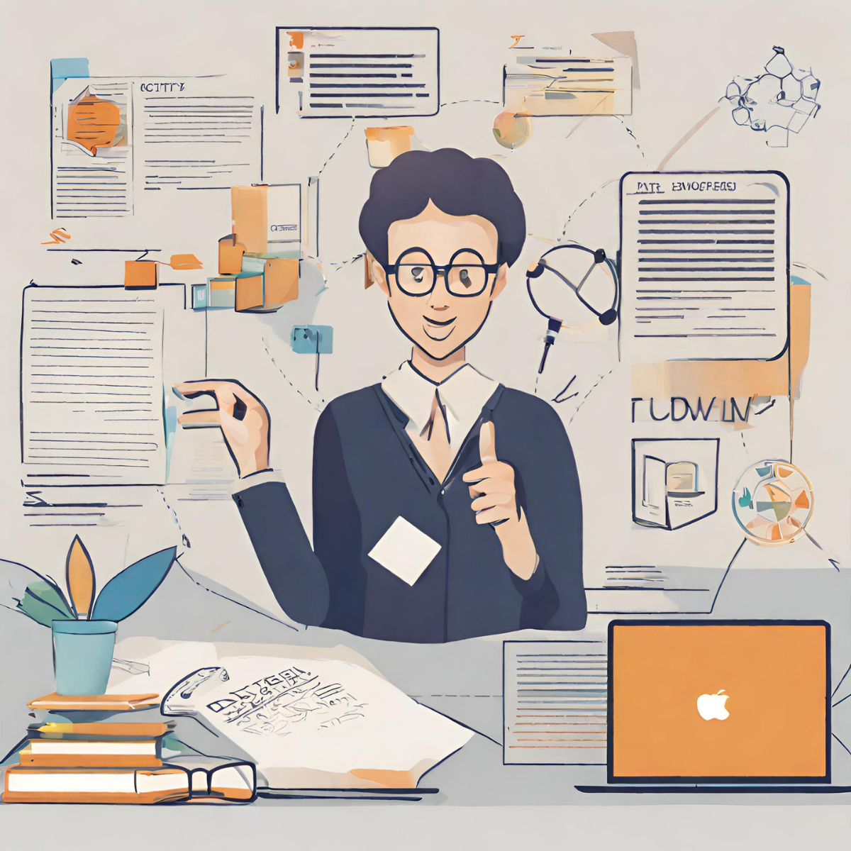 Persona sorridente alla scrivania con laptop, appunti e grafici organizzativi